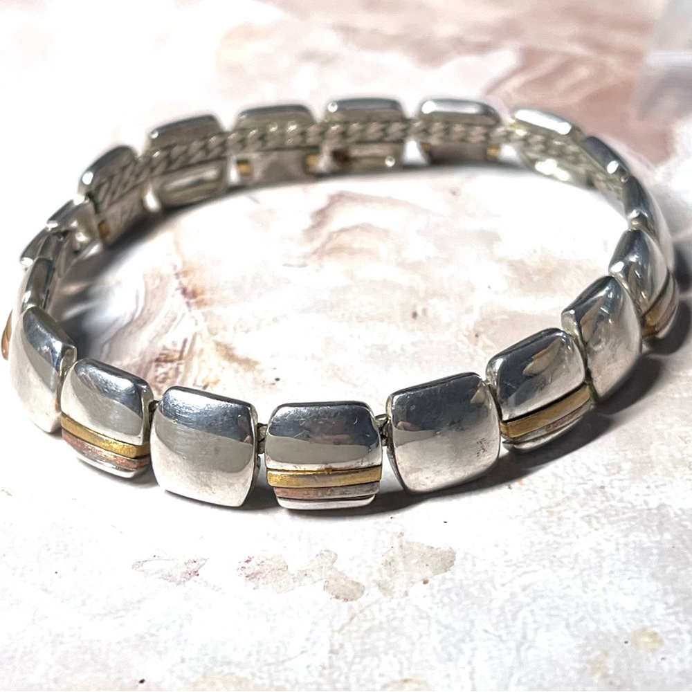Liz Claiborne VTG Silvertone Bracelet Square Pillow Links Copper Brass Inlays